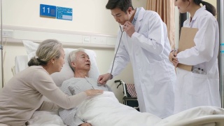 年轻的亚洲医生在医院病房检查老年病人视频素材模板下载