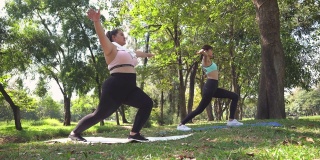 健康的年轻高大的女人和朋友在户外的公园练习瑜伽
