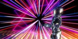复古未来的80年代CG宇航员在迪斯科霓虹灯背景舞台上跳舞。现代移动镜头为您的活动，音乐会，舞台设计，编辑和VJ的led屏幕和投影映射显示