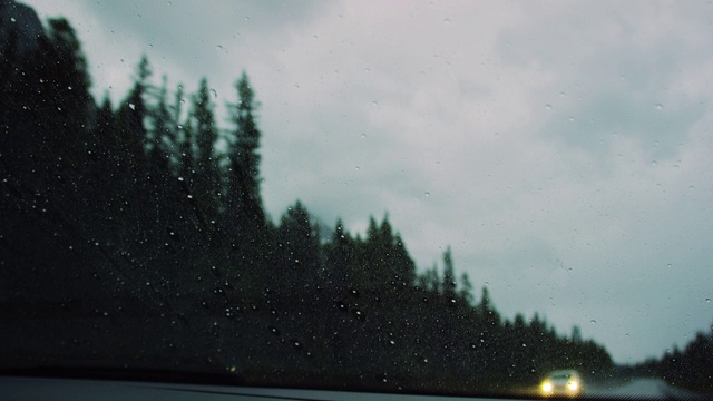 黄昏时分，在阴沉沉的天空下，沿着被森林包围的潮湿高速公路行驶时，挡风玻璃上的雨刷会清理掉挡风玻璃上的雨水