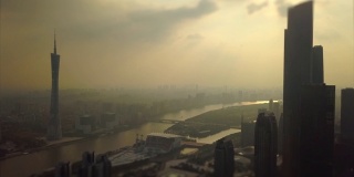 广州市景日落时间CTF大楼广州塔河航拍全景倾斜4k中国