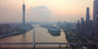 日落天空广州市广州塔猎德桥河岛航拍全景倾斜4k中国
