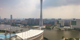 白天时间广州市区海心沙岛珠江新城空中倾斜移位全景4k时间推移中国