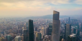 日落时间广州市区天河新城区空中倾斜移位全景4k时间间隔中国