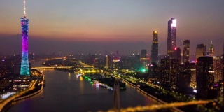 日落时间夜晚照明广州市中心城市景观珠江里德桥空中倾斜移位全景4k时间间隔中国