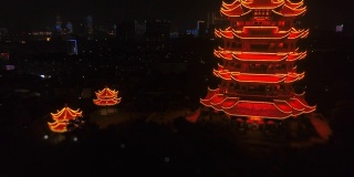 夜光武汉市著名的黄鹤寺公园高空俯视4k倾斜移位中国
