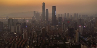 日落时间照明长沙市区著名滨江湾航拍延时全景4k中国