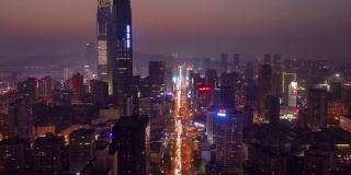 日落夜晚照明长沙市中心市中心交通街道空中延时全景4k中国