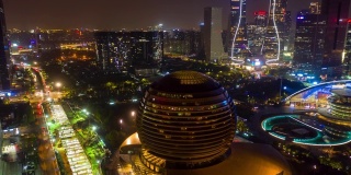 夜景照明杭州市内著名的现代市区交通街道航拍延时全景4k中国