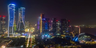 夜景照明杭州市内著名的现代市区交通街道航拍延时全景4k中国