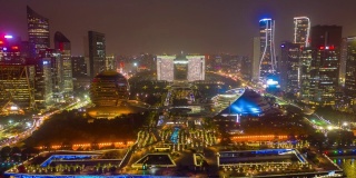 日落夜光杭州著名的现代滨江湾市中心航拍延时全景4k中国