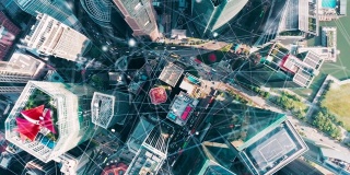 鸟瞰图城市与互联网连接技术。网络和通信概念。无线技术和物联网。智能城市。大数据、人工智能