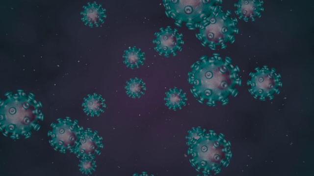 冠状病毒细胞。引起呼吸道感染的病毒动画组。3D渲染循环4k