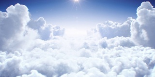 穿越美丽的云与灿烂的太阳日光无缝。循环3d动画飞行在现实的无尽的云景观下下午的太阳。