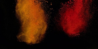 橙色和红色的香料粉在黑色的背景下爆炸