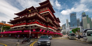 4k时间的推移，在新加坡的中国城街道，有很多商店和旅游步行购物在中国新年期间。新加坡的佛牙舍利