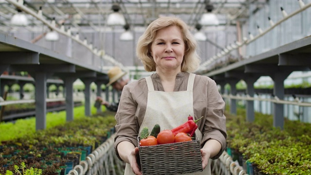 一个成熟的微笑的白人妇女走向相机，展示了一个篮子和有机蔬菜的肖像。积极的女农民喜欢在温室工作。农业、园艺。电影4k ProRes总部。