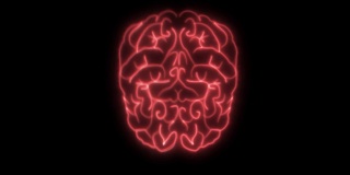 2D动画，闪烁燃烧的霓虹灯形成人类大脑的结构。黑色背景上的红线表示神经网络。智能的概念，内脏，医学，解剖学。
