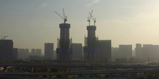 日落时分杭州市交通路口建筑建筑航拍全景4k中国