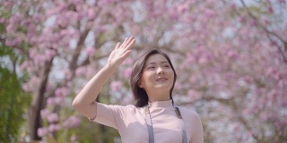 快乐的亚洲女游客在春花公园散步，在假日旅游中拍照休闲活动
