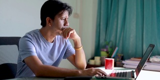 亚洲人工作笔记本电脑，担心的人工作压力，沮丧的人看着笔记本电脑屏幕