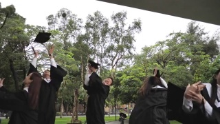 毕业典礼上，学生们向空中抛帽子视频素材模板下载