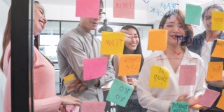 4K分辨率亚洲青年创意团队头脑风暴会议延时，将想法写在现代办公室玻璃墙上的便签上，业务同事的同事会议和分享想法概念