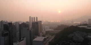 香港航拍v200低空飞过荔枝角地区，日落时可看到船厂景色