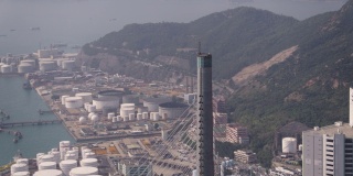 香港航拍v203近景鸟眼环绕昂船洲大桥杆塔飞行与船厂的景色
