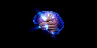 有神经冲动的人类大脑。蓝色的人脑发光并旋转旋转。智慧的光芒，蓝色的大脑活动。3D渲染动画背景