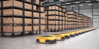 一排自主机器人开始移动自动化仓库中的货架或货架