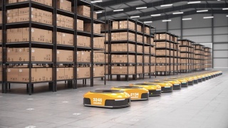 一排自主机器人开始移动自动化仓库中的货架或货架视频素材模板下载