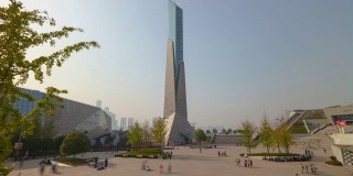 晴天长沙市著名博物馆综合体广场三角洲滨江湾全景，时光流逝4k中国