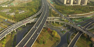 日落时分杭州市中心交通街道路口航拍4k中国全景图