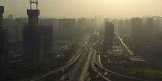 日落时分，光杭州交通道路立交，城市景观建设航拍全景4k中国