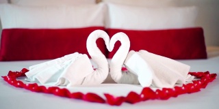 卧室室内情人床上的天鹅毛巾装饰