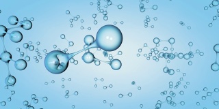 照相机通过一组由在蓝色背景下缓慢旋转的透明球体形成的分子。三维动画
