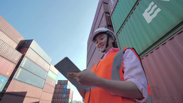 快乐的亚洲女工程师控制装载集装箱从货箱运货。技术，交付，商业，增长，连接，通信，商业，赋权，领导，妇女在STEM，工业和交通概念。货物集装箱