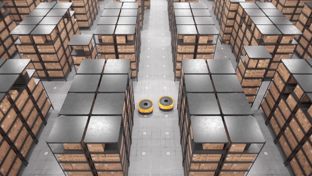 在自动化仓库中移动货架的自主机器人。无缝循环空中拍摄