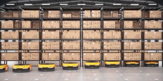 一排自主机器人在自动化仓库中移动货架，无缝循环