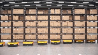 一排自主机器人在自动化仓库中移动货架，无缝循环视频素材模板下载