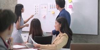 年轻的亚洲女性在白板上展示自己的想法，而她的合作团队在室内观看。商业女性一起头脑风暴