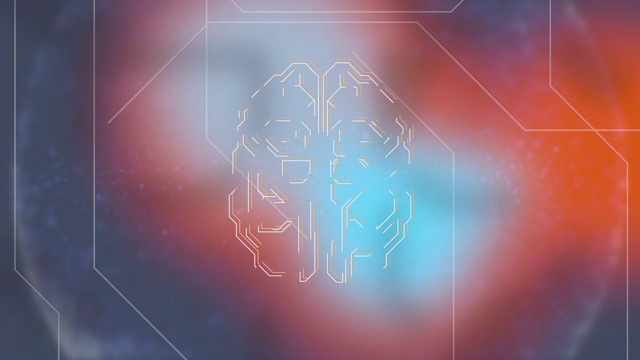 在蓝红色背景和脉冲脑电波的动画三维人脑模型。