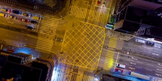 4K分辨率空中俯视图放大超近景拍摄深水埗市区十字路口孟角购物街夜市附近的夜晚。