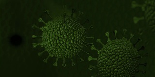 冠状病毒动画，感染因子，绿色分子细胞。病毒传播和大流行概念