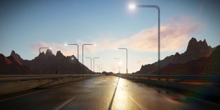 高速公路交通对沙漠山脉和时间推移的云的特写，移动的相机