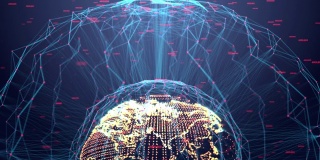 背景动画，全球数据未来的数字设计，线框球体形状与二进制代码连接，全球通信网络概念