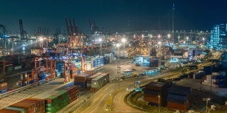 4K延时:码头商埠集装箱夜间仓库，用于商业物流、进出口、海运或运输。