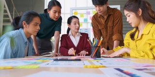 亚洲女性领导者建议ux/ui设计师在现代办公室的桌上进行手机应用界面线框图设计。创意数字发展机构