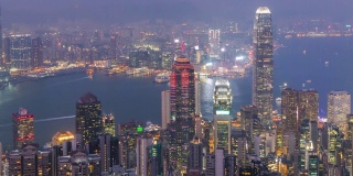 延时拍摄:维多利亚港日落时的香港城市景观